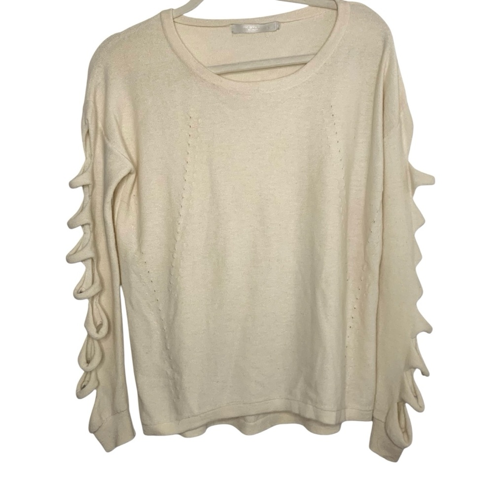 One Grey Day Medium Merino Wool Cream Ryder Perforated Slashed Sleeve Sweater